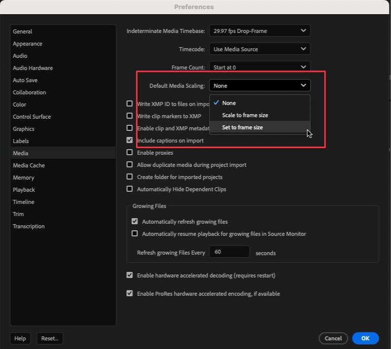 Tool Tip Tuesday for Adobe Premiere Pro: Set to Frame Size preference 4