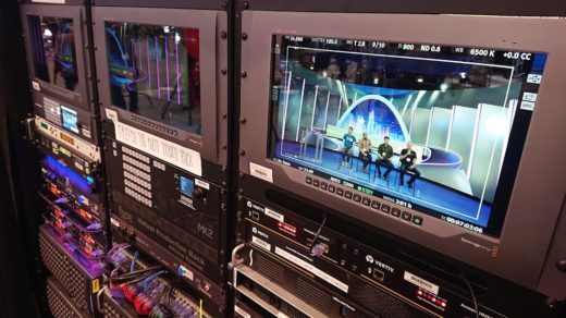 Racks of control equipment for an LED video wall in virtual production, with many controls and connections.