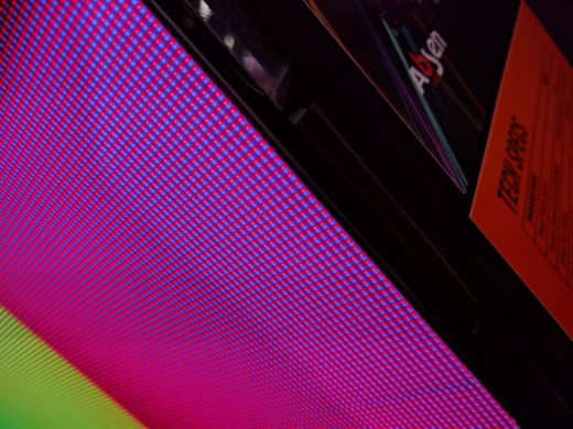 Close up of an LED video display panel, showing individual red, green and blue subpixels