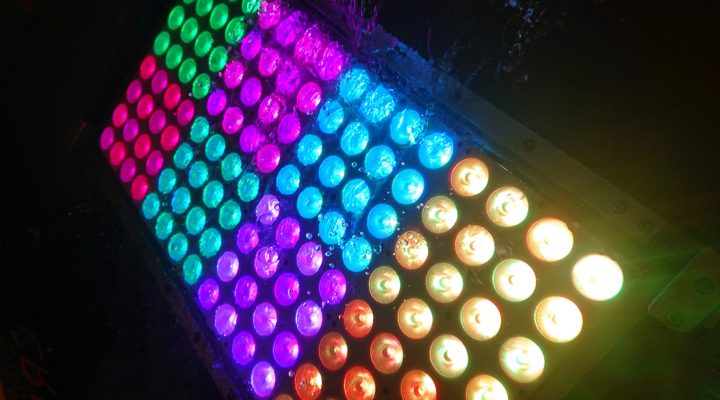 Closeup of a multicoloured LED lighting array